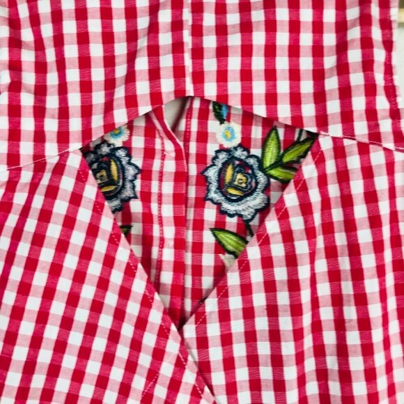 Lulumari Red & White Checkered Floral Embroidered Top  Size - Picture 4 of 7